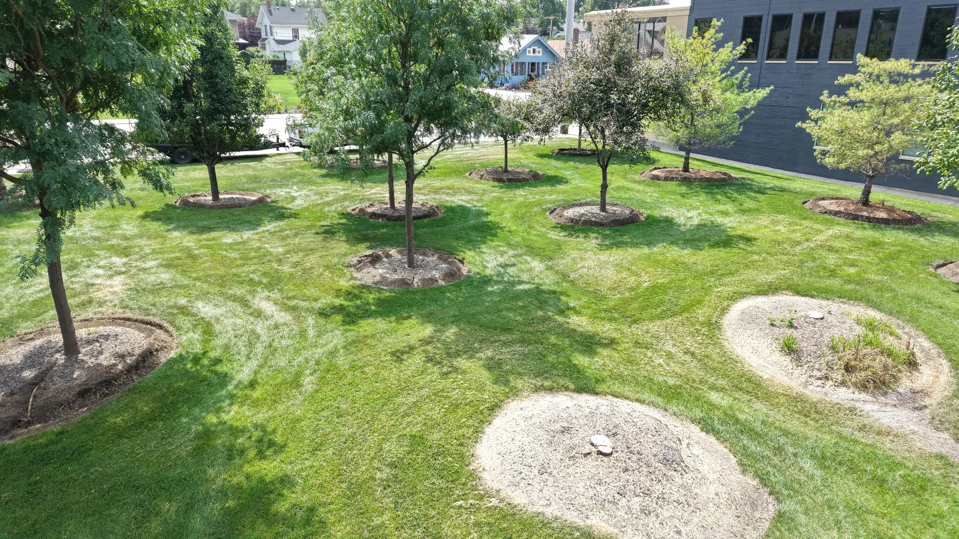 Landwerks crew mowing and maintaining a manicured commercial lawn along a tree line.